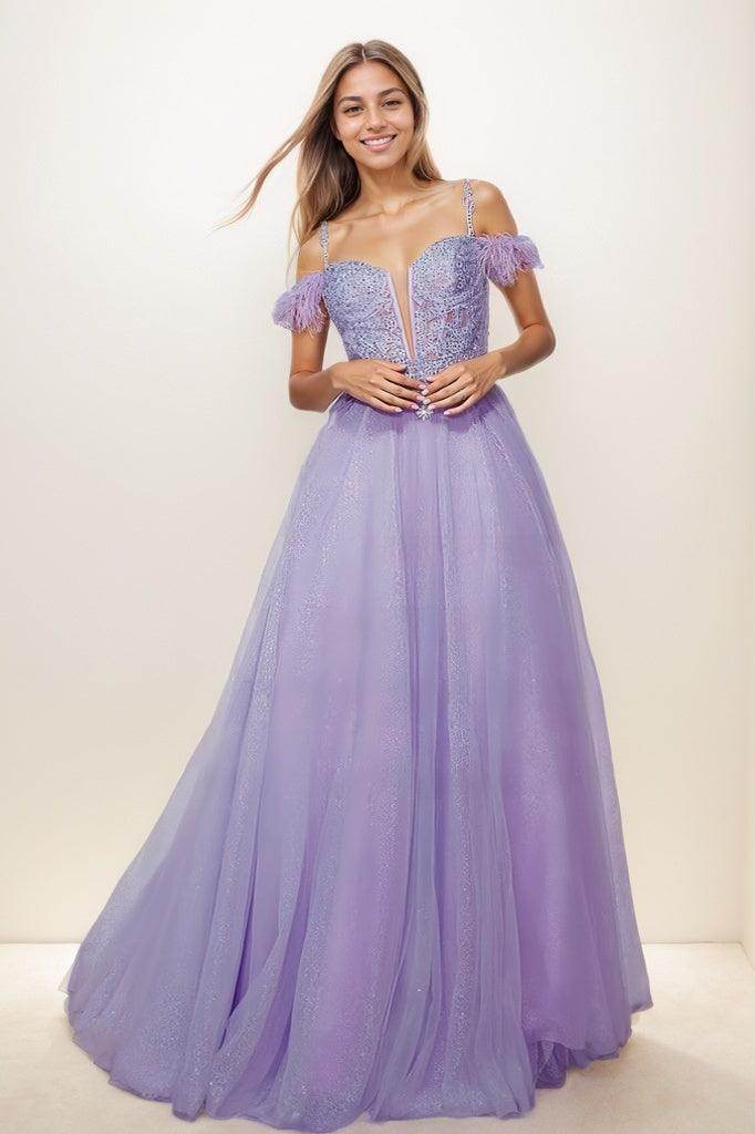 Sequin Lace Cold Shoulder A-Line Floor-Length Tulle Prom Dress CS0818 - COCOMELODY